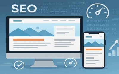 Illustration of an SEO-friendly website design concept with a desktop computer and smartphone showcasing a responsive website layout. Behind them are SEO-related icons like a speedometer, checkmark, and graph, accompanied by HTML code snippets.